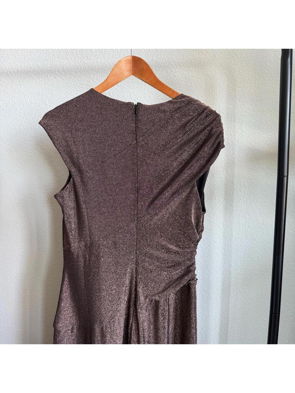 Maggy London Brown Metallic Midi Dress Size 14 Cap Sleeve Ruched Wedding Guest - Picture 8 of 10